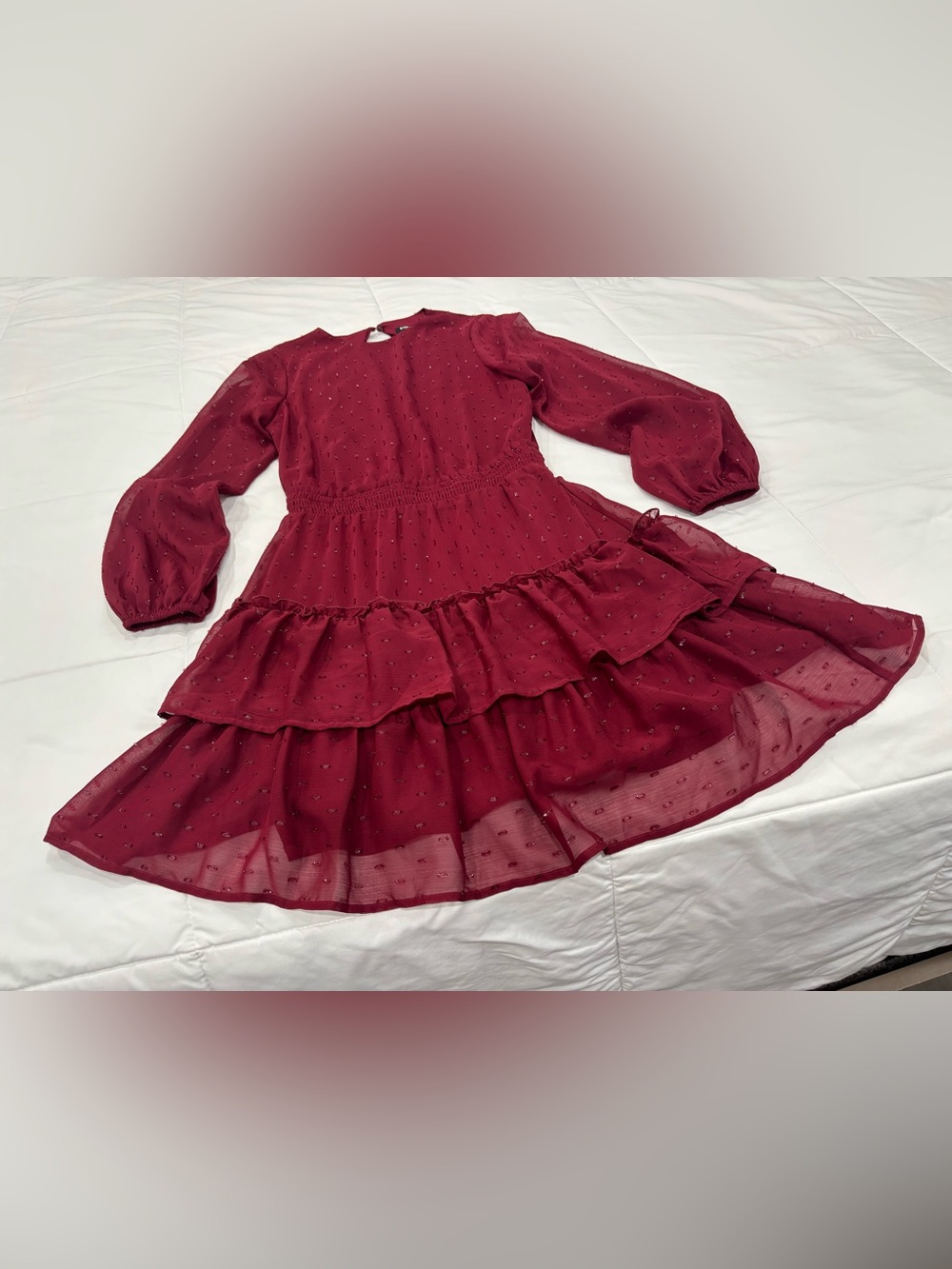 Ladies XXS Burgundy Ruffle Tiered Long-Sleeve Dress